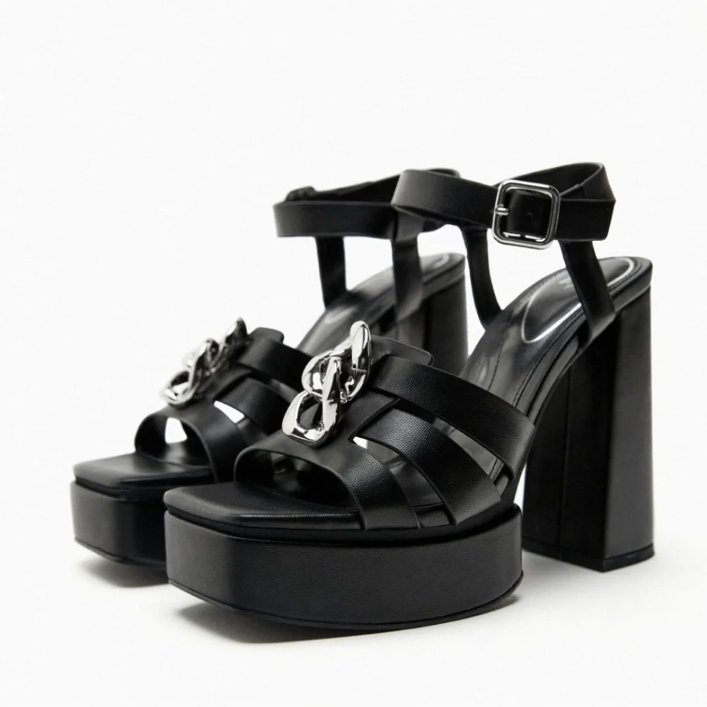 NWT Zara Chunky Black Platform Sandals with Chain Detail Size 9 - Picture 15 of 16